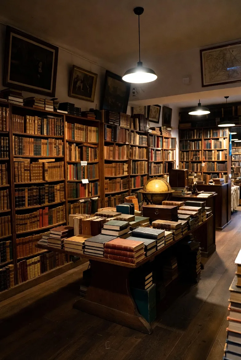 A table covered with antique books alongside bookshelves, with a globe and pendant lighting