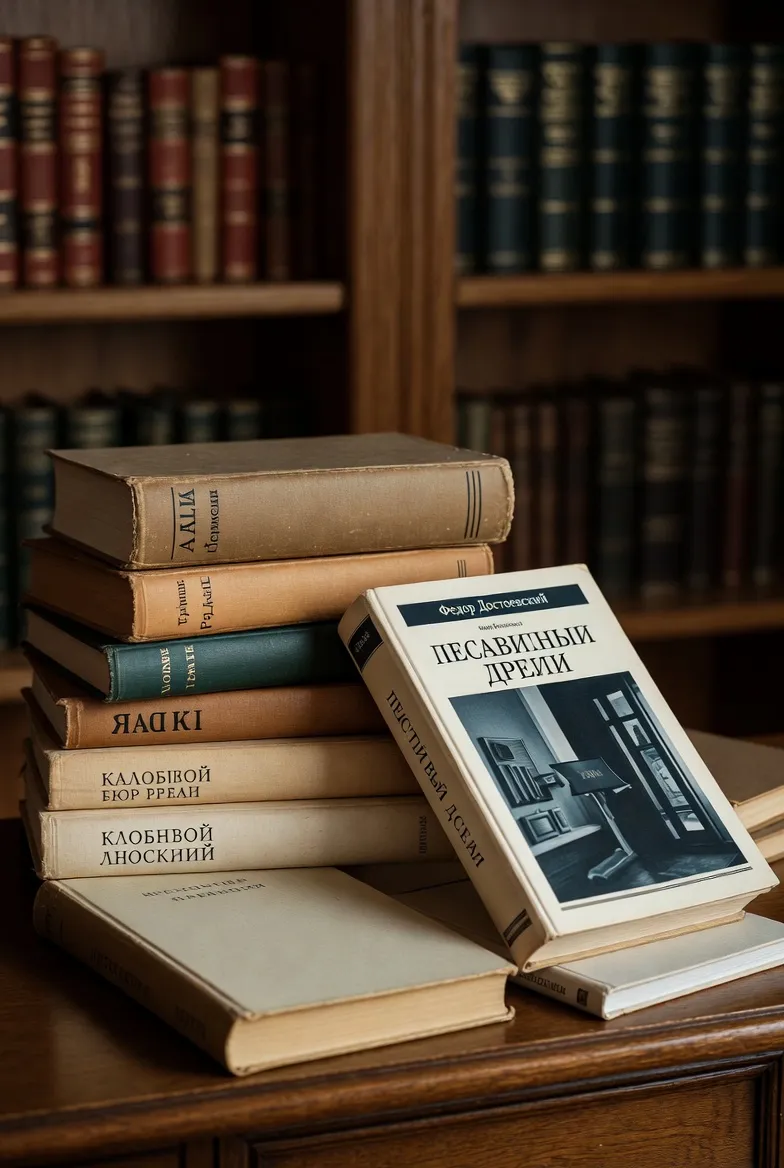 A stack of Russian-language books with a Dostoyevsky edition